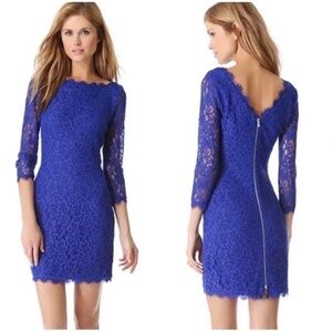 Diane Von Furstenberg Zarita Blue Lace 3/4 Sleeve Back Zip Sheath Size 4